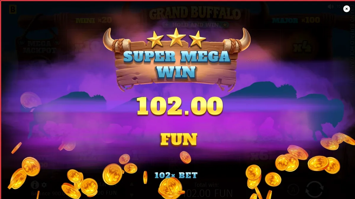 Cenário do Velho Oeste com búfalos e elementos do jogo Grand Buffalo Hold & Win