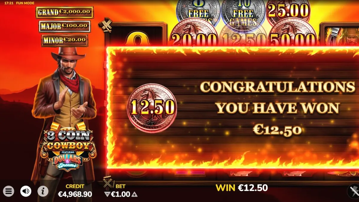 Interface do jogo de slot 3 Coin Cowboy Dollars & Dreams com tema de Velho Oeste